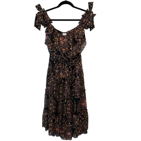 Misa Los Angeles Black Multi Floral Off-the-Shoulder Ruffle Midi Micaela Dress - Picture 2 of 12